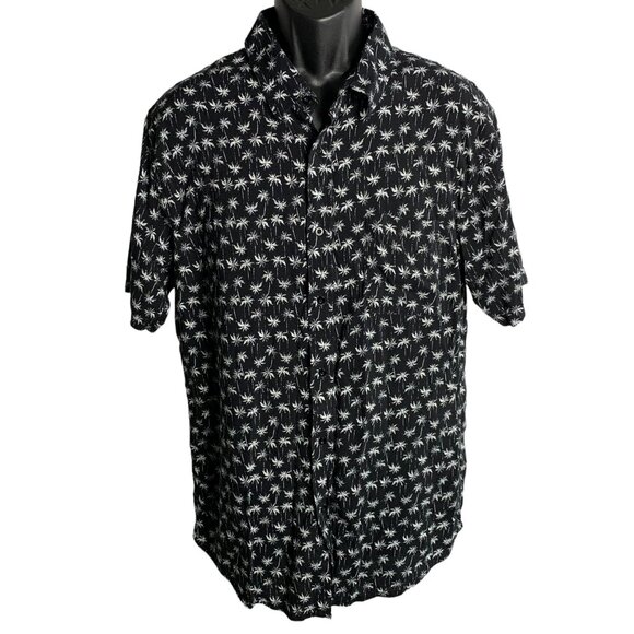 Seven Tides Button Up Hawaiian Camp Shirt L Black Palm Trees Pocket Collar - Picture 1 of 7